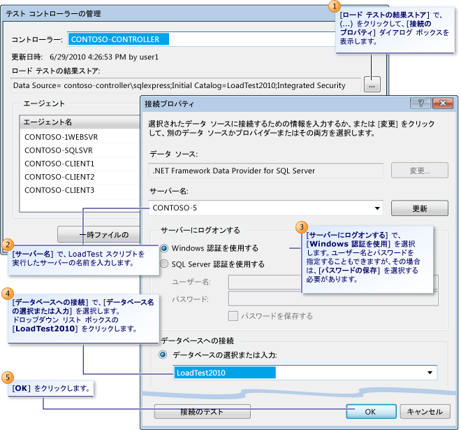 ロード テストの結果ストアの接続プロパティ