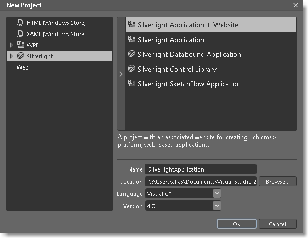 Silverlight の新しいプロジェクトの作成