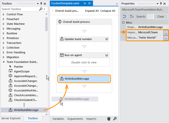 Added WriteBuildMessage activity to template