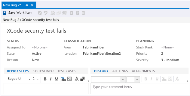 Bug work item form (Agile process template)