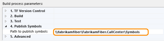 Set up symbols path in build definition TFS 2013