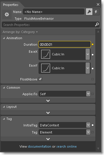 FluidMoveBehavior in the Properties panel