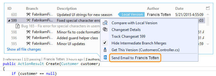 CodeLens - Contact changeset owner by mail