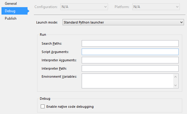 Project debug properties in the Visual Studio debugger