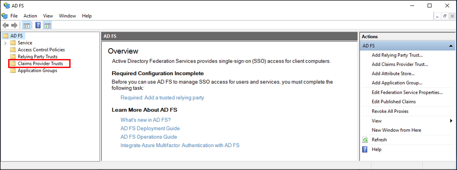 Screenshot that shows where to select Claims Provider Trusts in the console tree.