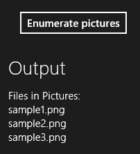 ファイル処理サンプルでのピクチャ ライブラリ内のファイル列挙を示すスクリーン ショット。