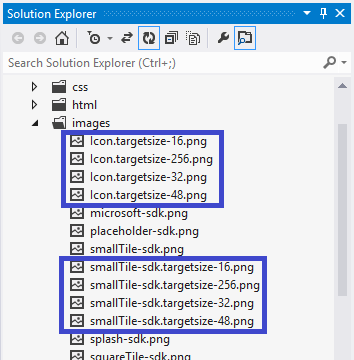 ソリューション エクスプローラーで images フォルダー内にあるファイルを表示したようす。Icon.targetsize と smallTile-sdk の両方に 16、32、48、256 の各ピクセルのバージョンがあります。