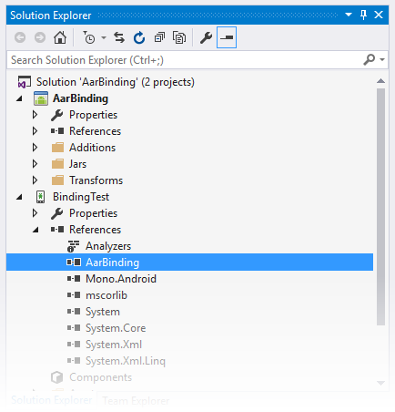 AarBinding が [参照] の下に一覧表示されている