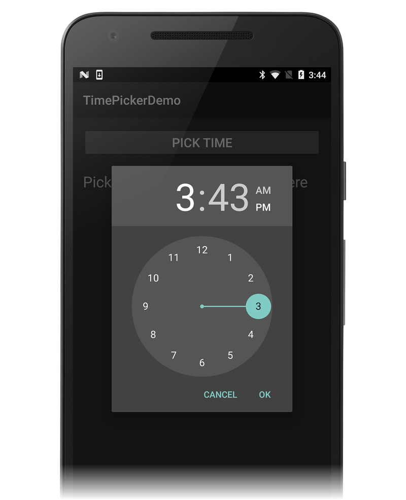 動作しているタイム ピッカー ダイアログのスクリーンショットの例