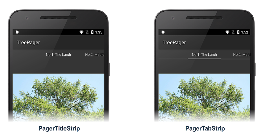 PagerTitleStrip と PagerTabStrip を使用した TreePager アプリのスクリーンショット