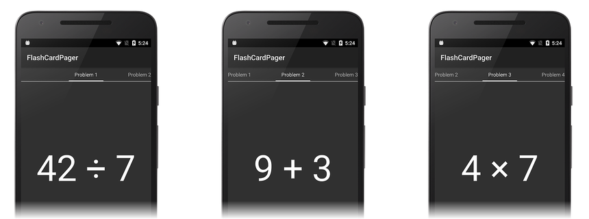 各ページの上に問題番号が表示されている FlashCardPager のスクリーンショット