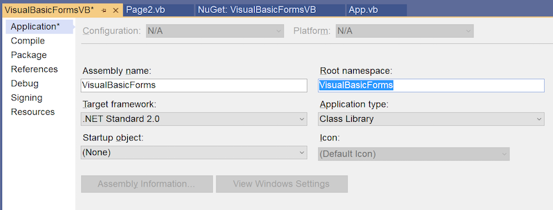 Visual Basic ルート名前空間が Xamarin.Forms アプリと一致することを確認する