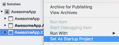 スタートアップ プロジェクトを iOS に設定する