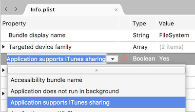 アプリケーションの追加では、iTunes 共有プロパティがサポートされます
