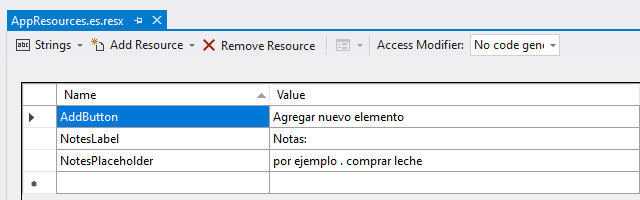 .resx ファイルで既定のスペイン語のテキスト リソースを指定する