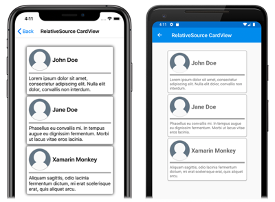 iOS および Android 上のテンプレート化された CardView オブジェクトのスクリーンショット