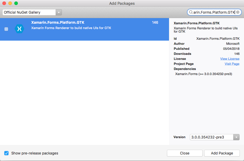 Xamarin.Forms.Platform.GTK NuGet パッケージを選択する