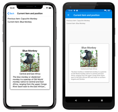 iOS および Android 上で、以前と現在の項目が表示された CarouselView のスクリーンショット