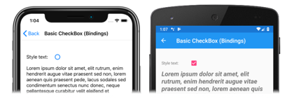 iOS と Android でのデータ バインドされた CheckBox のスクリーンショット