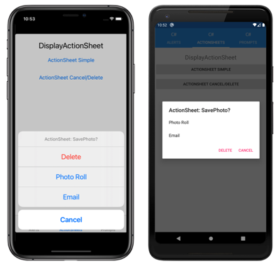 iOS および Android 上の、[破棄] ボタンが表示された [ActionSheet] ダイアログ