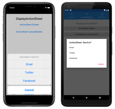 iOS および Android の [ActionSheet] ダイアログ