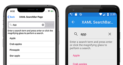 iOS および Android の SearchBar のスクリーンショット