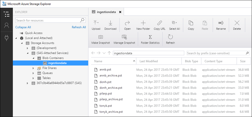 Azure Storage Explorer には、アップロードした PST ファイルの一覧が表示されます。