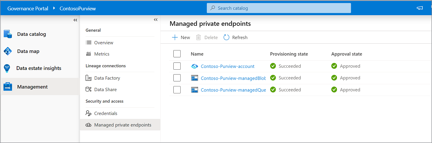 Microsoft Purview のマネージド プライベート エンドポイントを示すスクリーンショット - 承認済み 