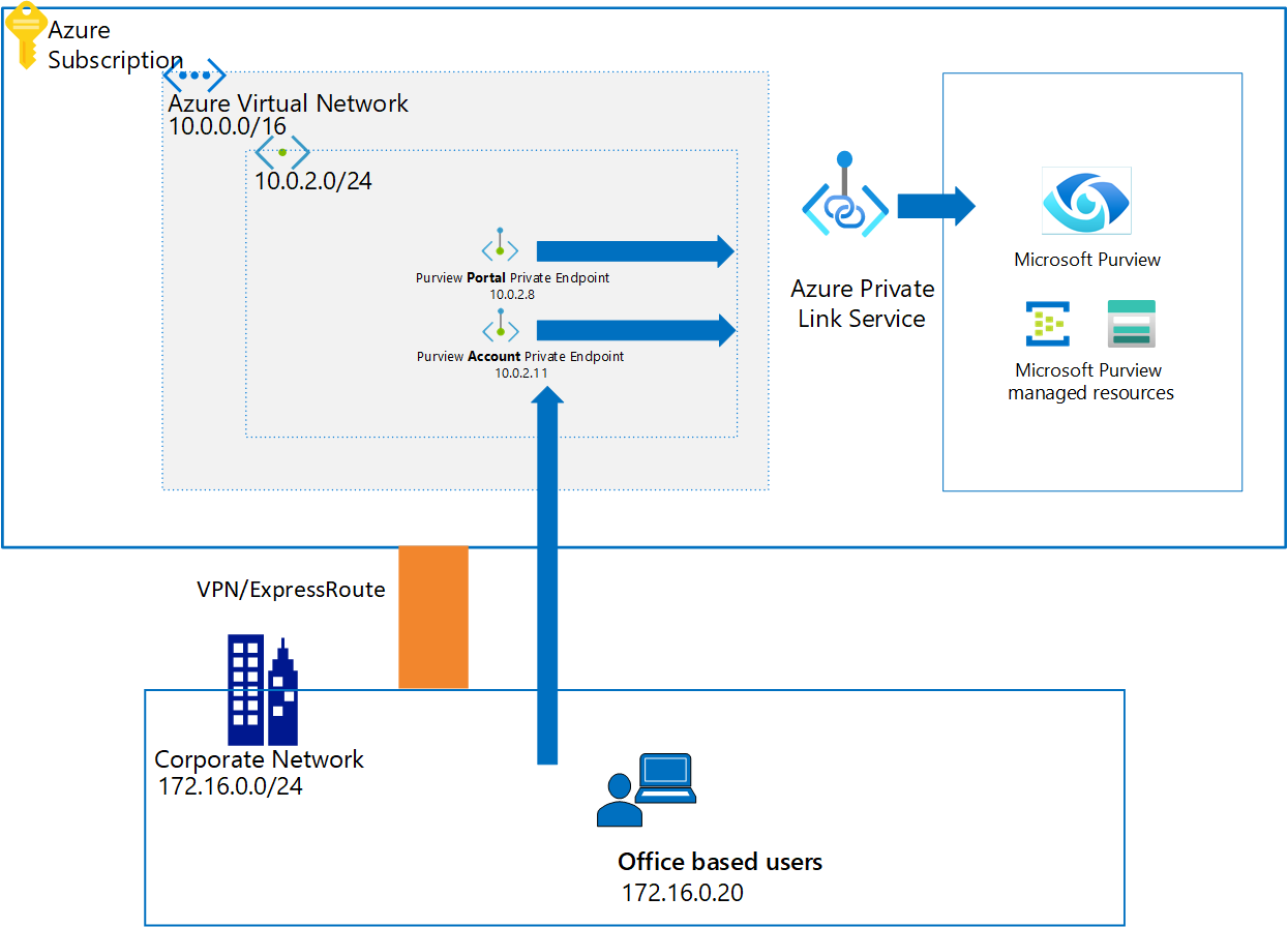 Microsoft Purview と Private Link アーキテクチャを示す図。