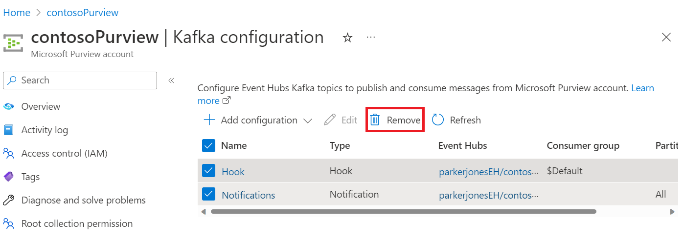 Azure portal の Microsoft Purview アカウント ページの Kafka 構成ページを示すスクリーンショット。削除ボタンが強調表示されています。