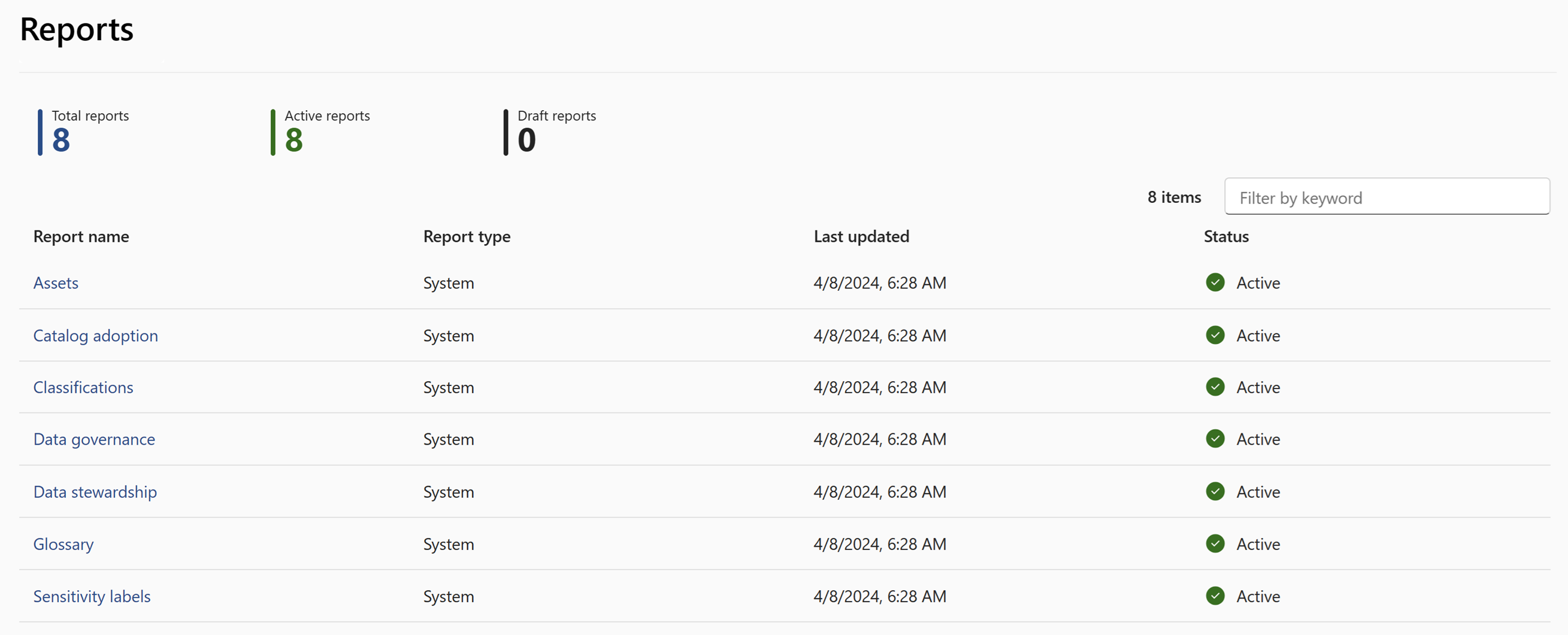 Screenshot of the reports page in data estate health.