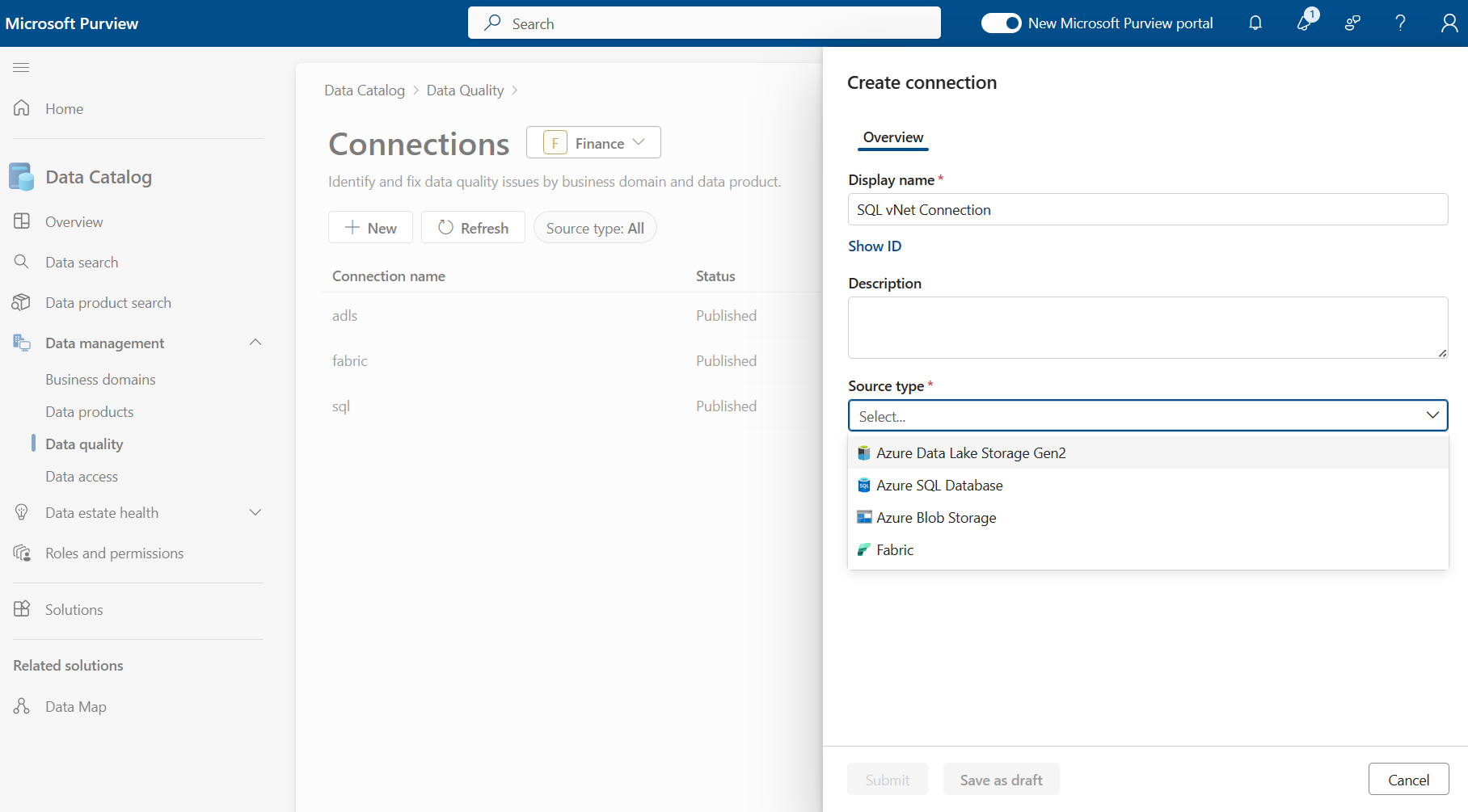 Screenshot of the data quality page, with a business domain selected and the connections page open.