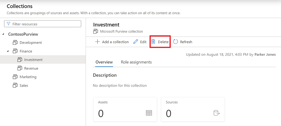 コレクションを削除する Microsoft Purview ガバナンス ポータル ウィンドウのスクリーンショット