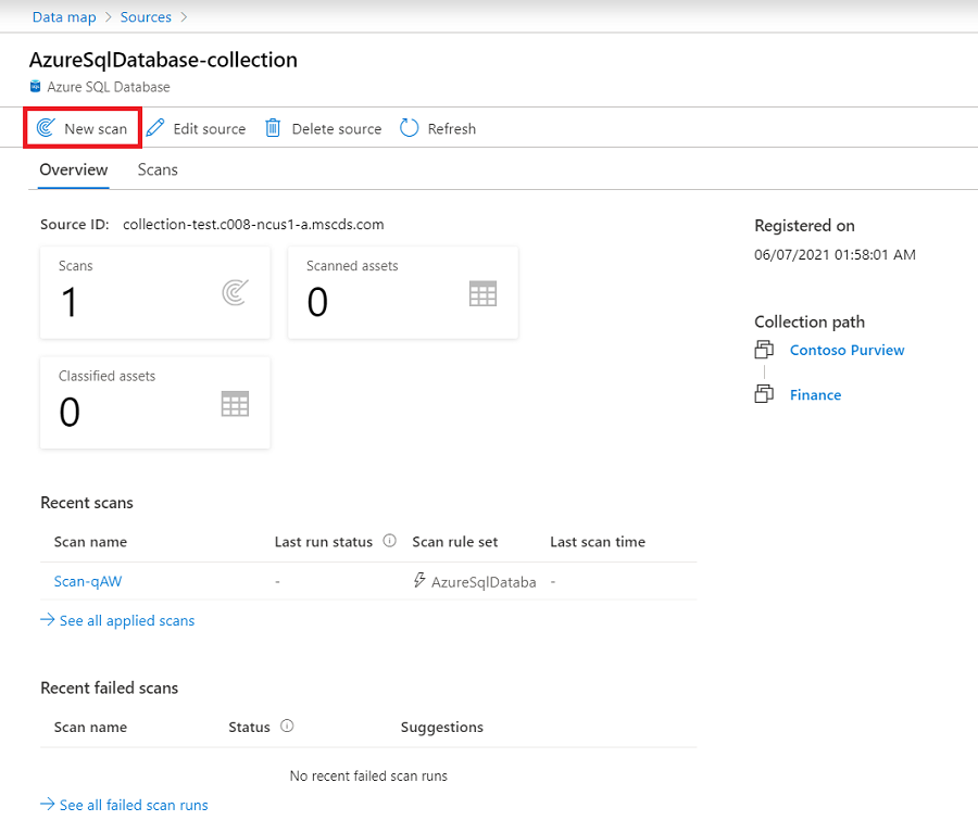 新しいスキャン ボタンが強調表示されているソース Microsoft Purview ガバナンス ポータル ウィンドウのスクリーンショット。