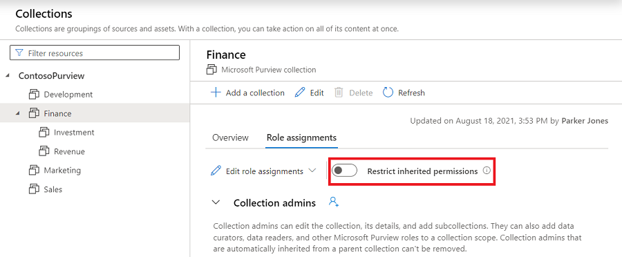 [ロールの割り当て] タブが選択され、[継承されたアクセス許可の制限] スライド ボタンが強調表示されている Microsoft Purview ガバナンス ポータルコレクション ウィンドウのスクリーンショット。