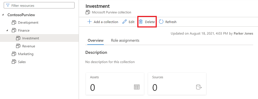 Screenshot of Microsoft Purview governance portal window to delete a collection