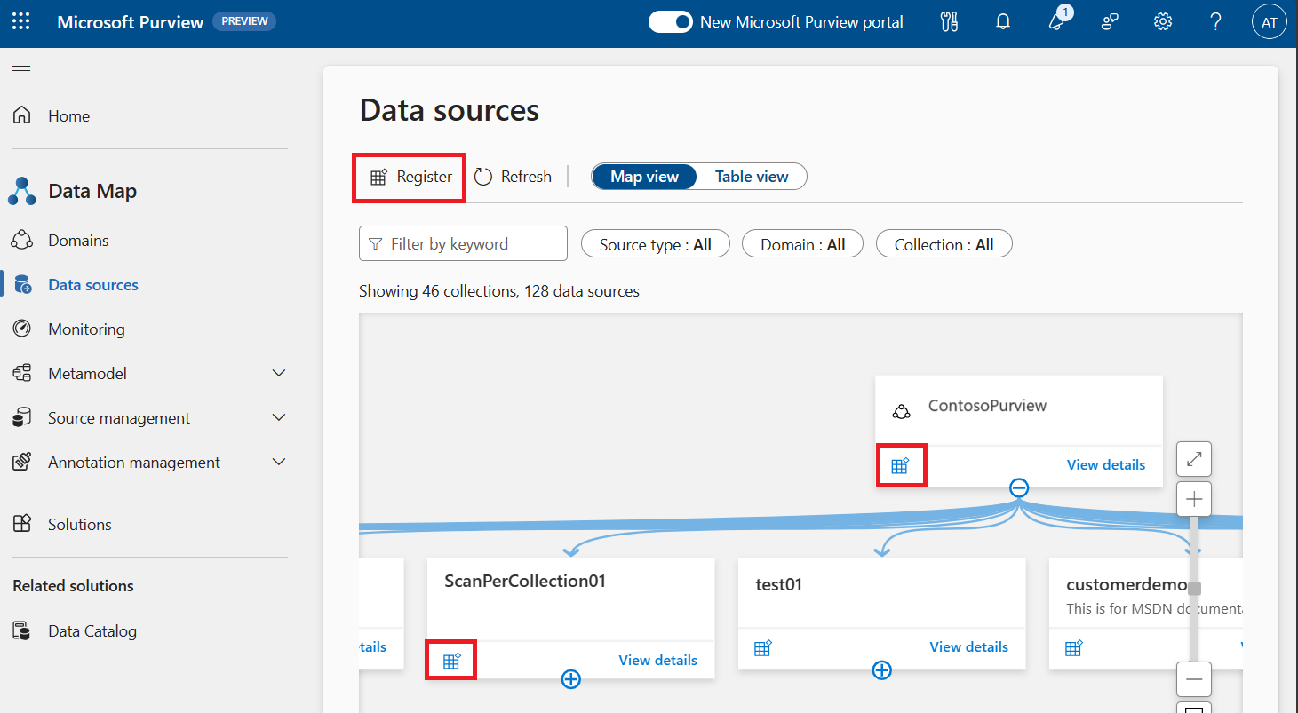 Screenshot of the Microsoft Purview Data Map, with the register buttons highlighted above the map, and on two of the collection cards.