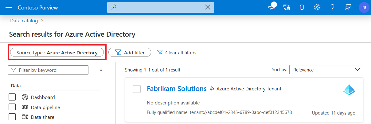 フィルターが Azure Active Directory に設定されているデータ カタログ検索のスクリーンショット。