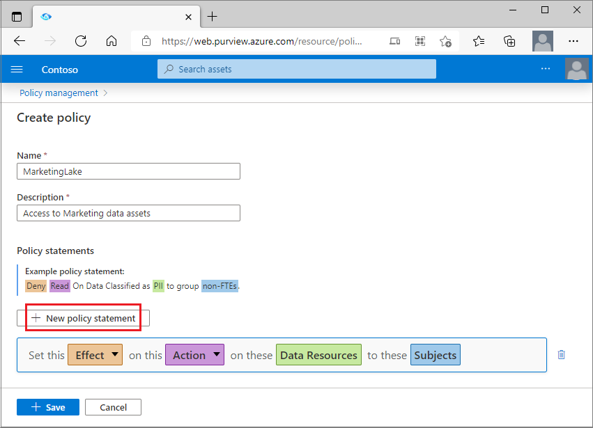 データ所有者が新しいポリシー ステートメントを作成できることを示すスクリーンショット。
