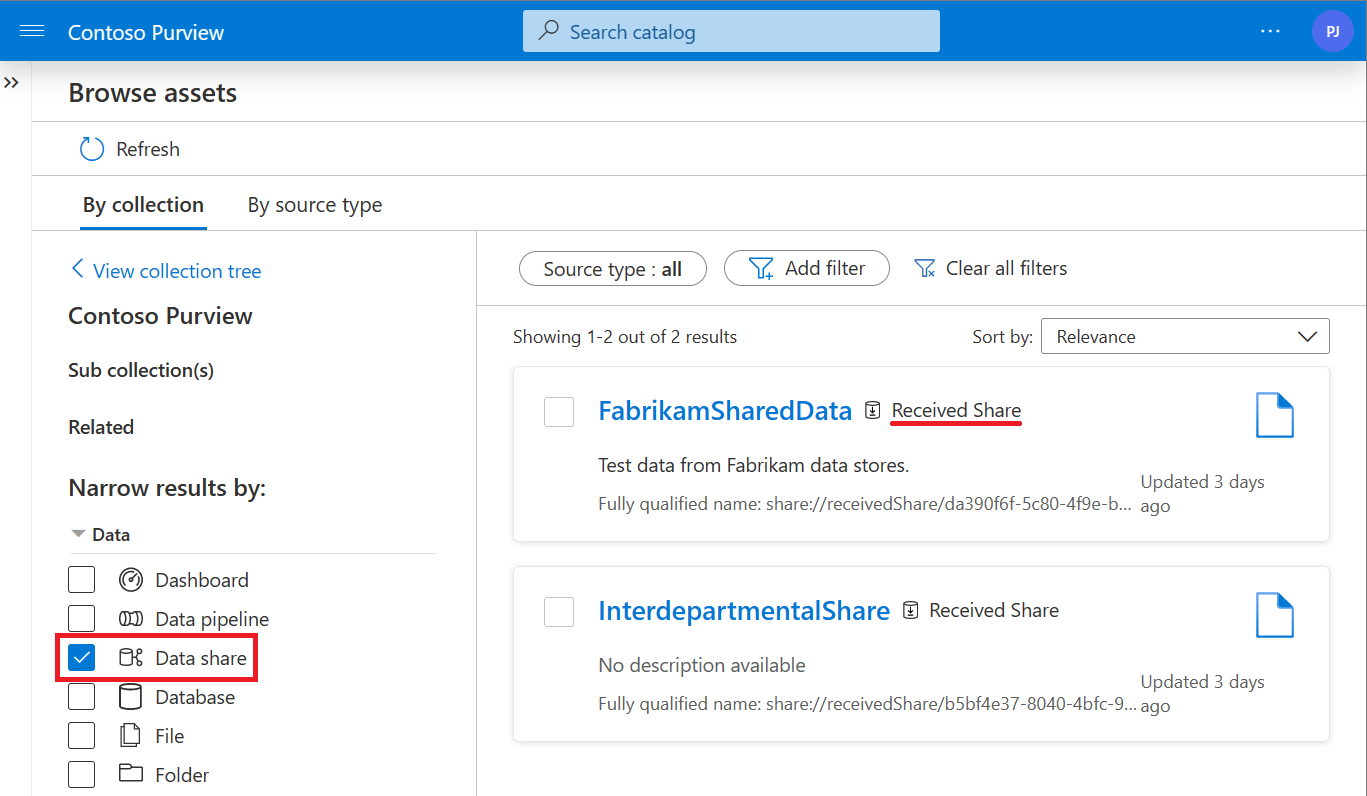 データ 共有フィルターが選択され、共有が強調表示されているデータ カタログ検索のスクリーンショット。