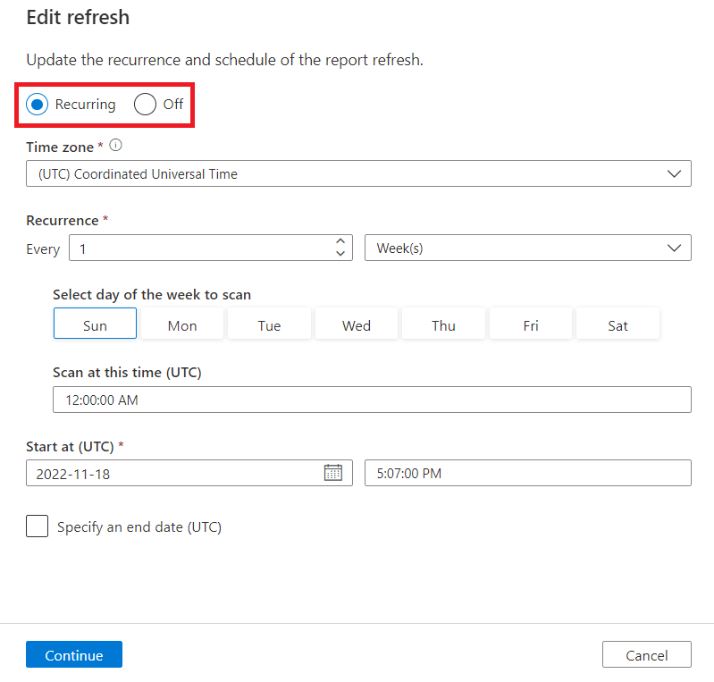 Data Estate Insights の編集ページのスクリーンショット。[定期的] ラジオ ボタンが強調表示され、[定期的] に設定されています。