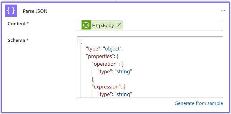 サンプル データで入力されたパラメーターを示す、ワークフロー解析 JSON アクションのスクリーンショット。