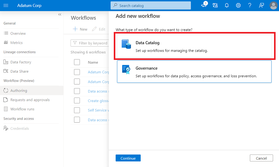 Data Catalogが選択されている新しいワークフロー メニューを示すスクリーンショット。