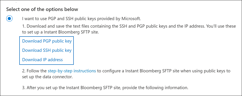 公開キーと IP アドレスをダウンロードするためのリンク。