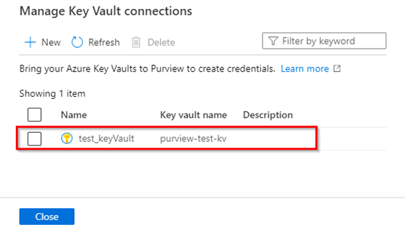 Azure Key Vault 接続を表示して、確認します。