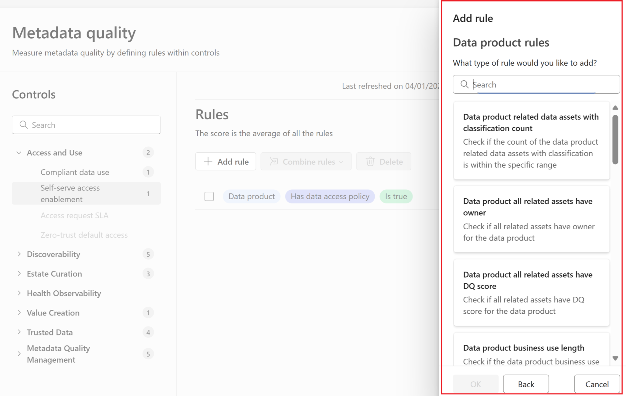 Screenshot of the metadata quality new rule menu.