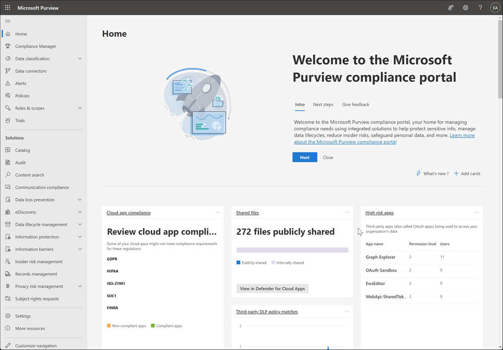 Microsoft Purview コンプライアンス ポータルのホーム ページ。