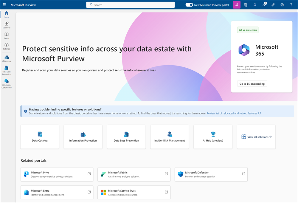 Microsoft Purview ポータルのホーム ページ。