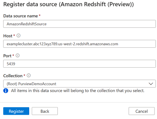 Amazon Redshift の登録メニューを示すスクリーンショット。