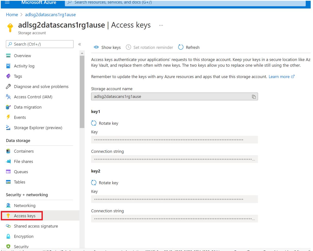 ストレージ アカウントのアクセス キーを示すスクリーンショット